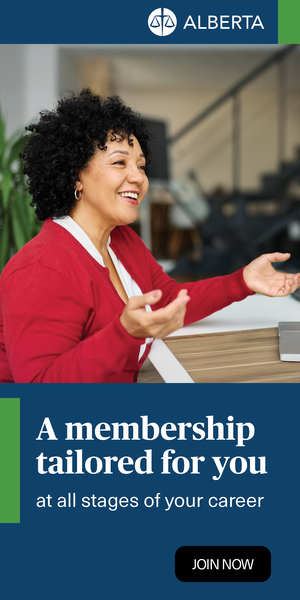 A woman with curly hair and a red cardigan gestures while talking at a desk. Text reads: "A membership tailored for you at all stages of your career. Join now. Alberta.