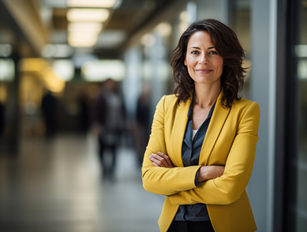 A woman wearing a yellow blazer stands with arms crossed in a modern office hallway, looking confidently at the camera.