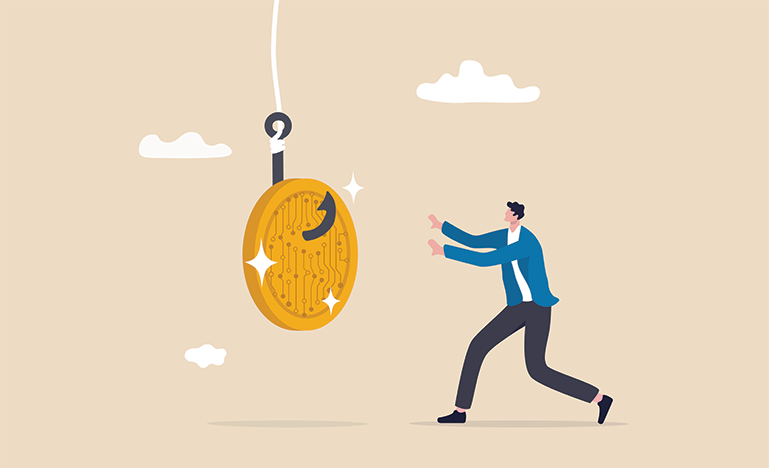 Illustration of a man reaching toward a large gold coin hanging from a hook, with clouds in the background.