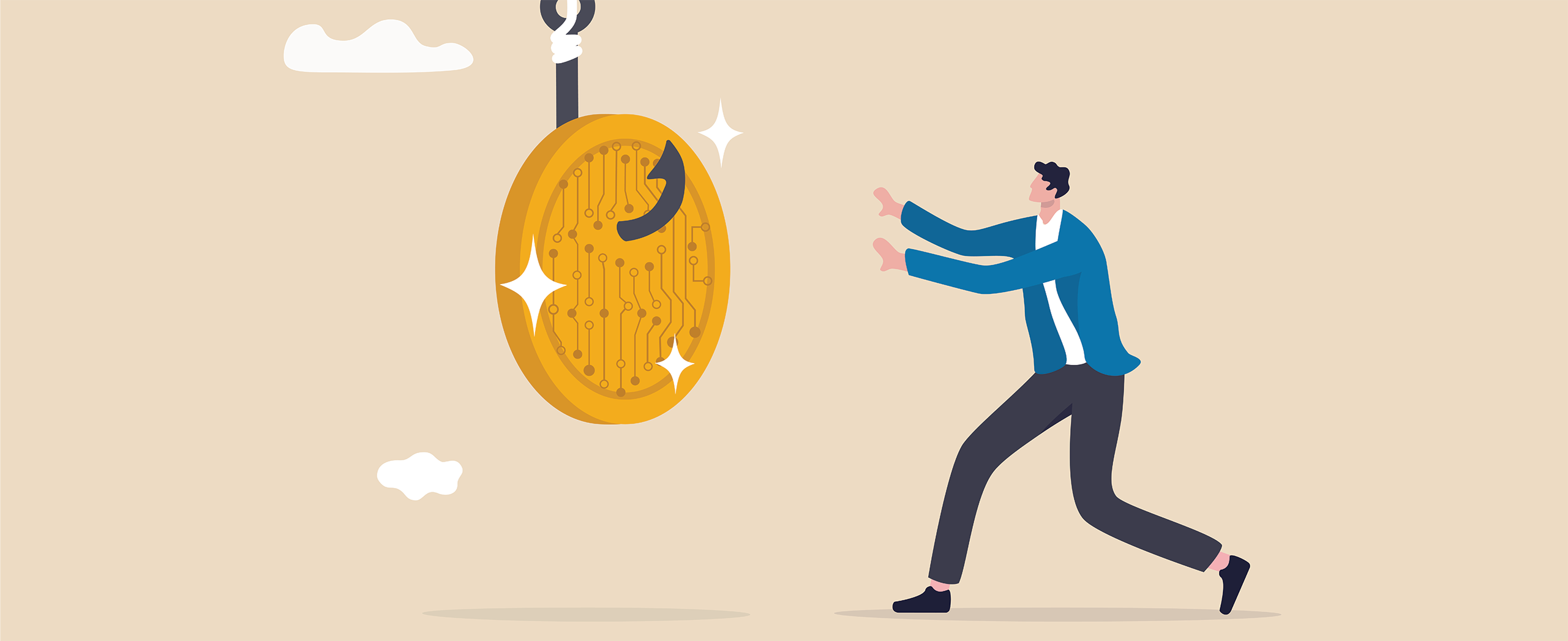 Illustration of a man reaching toward a large gold coin hanging from a hook, with clouds in the background.