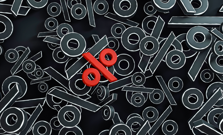 red percentage symbol on black background