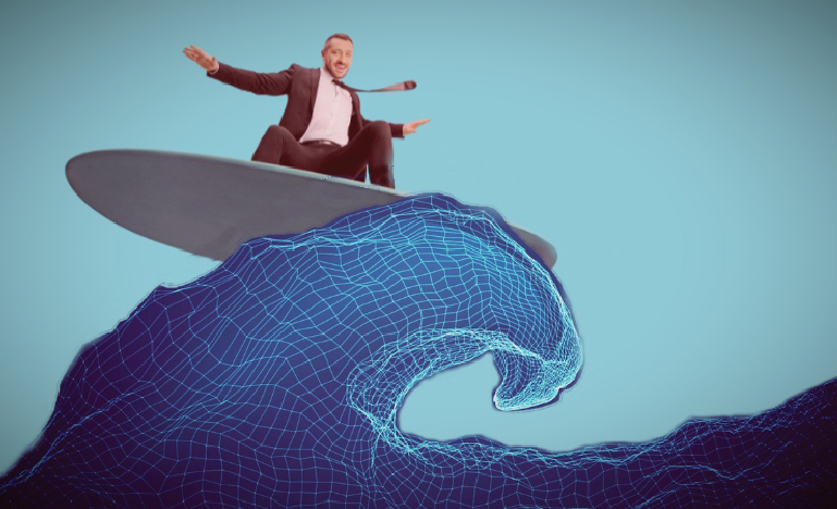 a man in a suit surfing on a digital wave