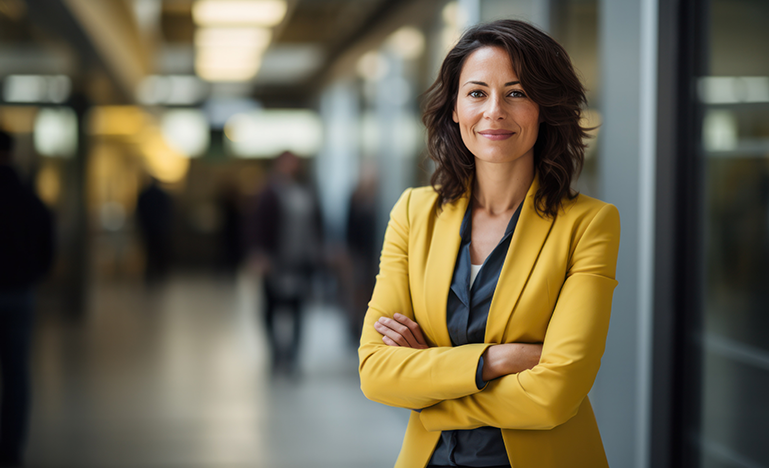 A woman wearing a yellow blazer stands with arms crossed in a modern office hallway, looking confidently at the camera.