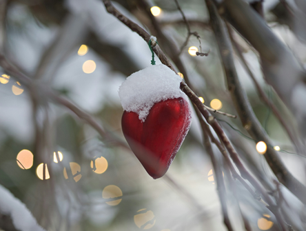 A red heart-shaped ornament dusted with snow hangs from a tree branch, surrounded by blurred string lights in the background.