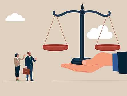 Illustration of a large hand holding a scale of justice, with two lawyers standing next to it against a neutral background with clouds.